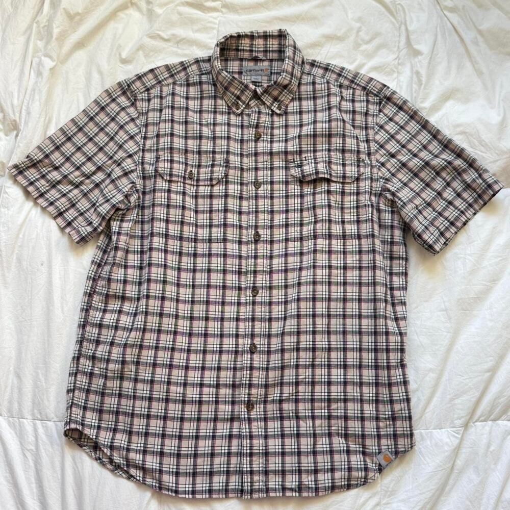 Carhartt Plaid tartan short sleeve‎ button up shirt sz L relaxed fit casual prep